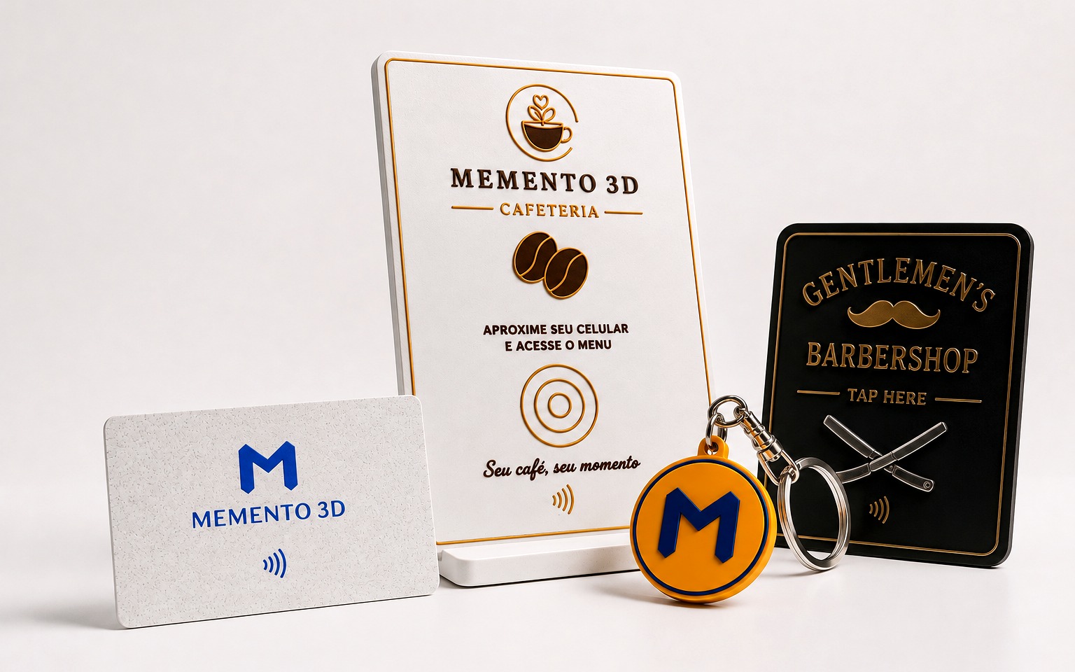 Memento3D NFC products — Smart Plaque, Keychain, Magnet and Business Card
